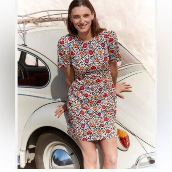 Boden Floral Cotton Mini Dress Size US 12P Lined- Side Pockets - Petite Length - Picture 1 of 14